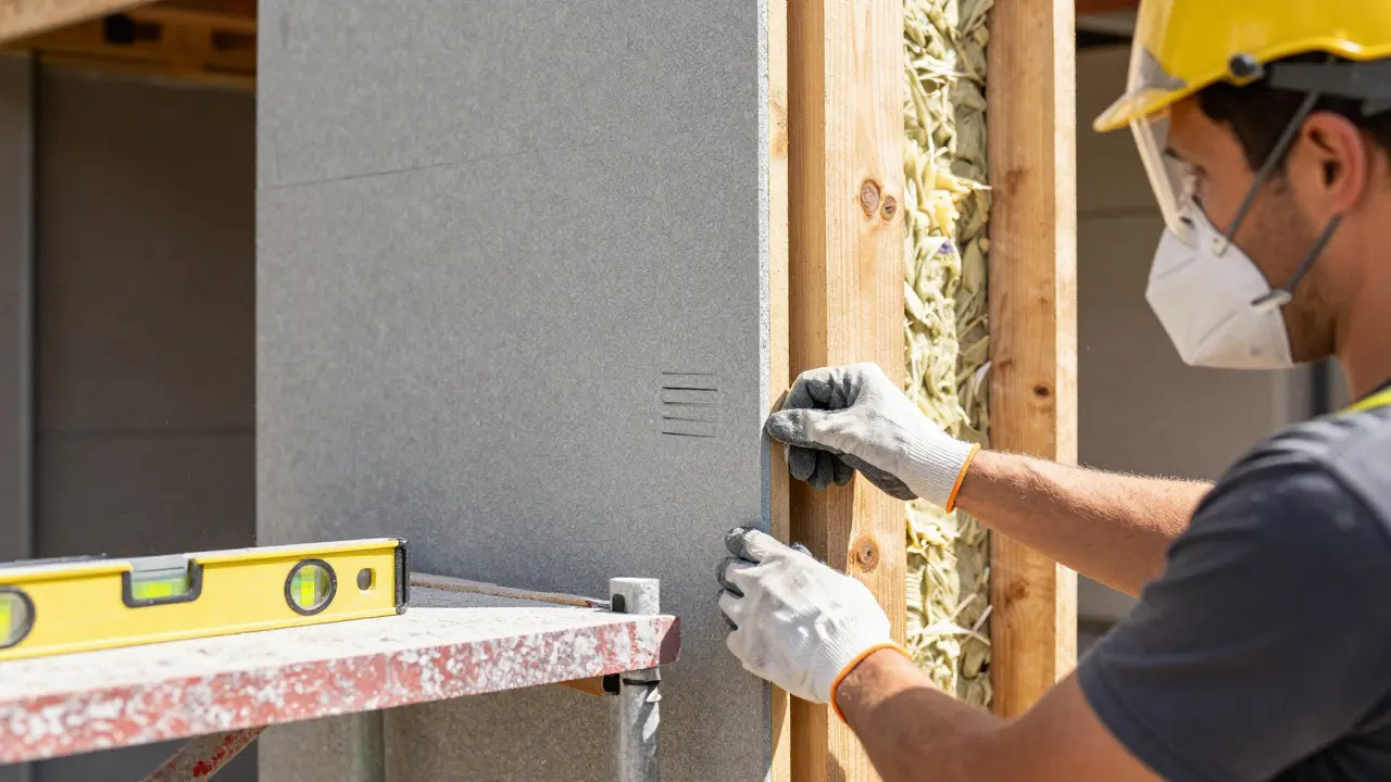 Baustelle mit montierten Platten und sichtbarem Lüftungsraum