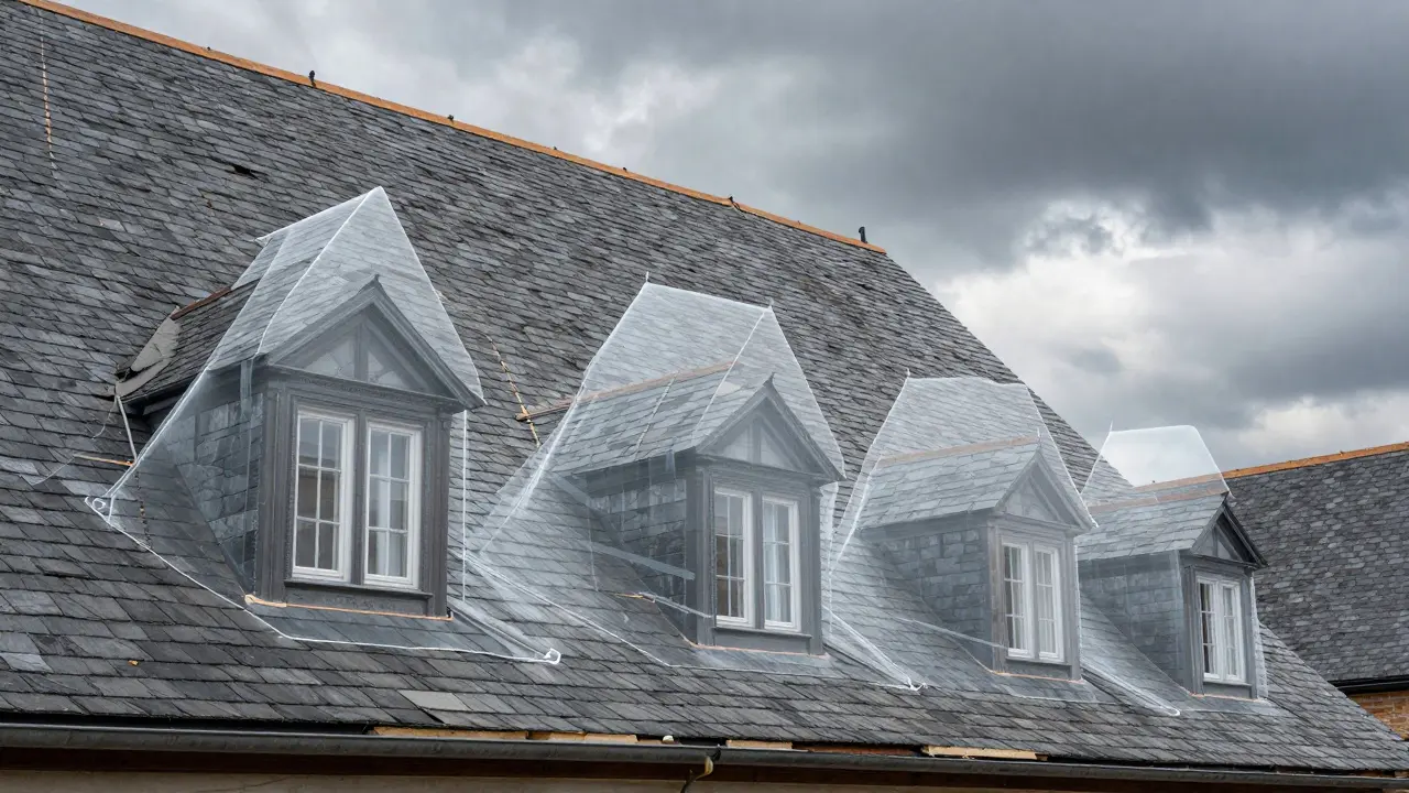 Drei Dämmsysteme als durchsichtige Überlagerungen unter einem historischen Dach, sichtbar nur als Umriss, während die Oberfläche echte Ziegel imitiert.