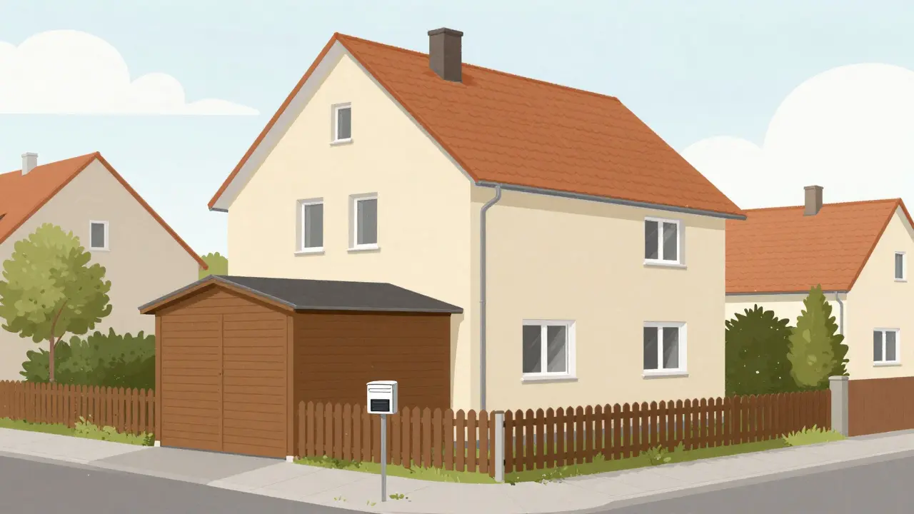 Ein Einfamilienhaus mit neu gestrichener Fassade und einem kleinen Carport im Garten.