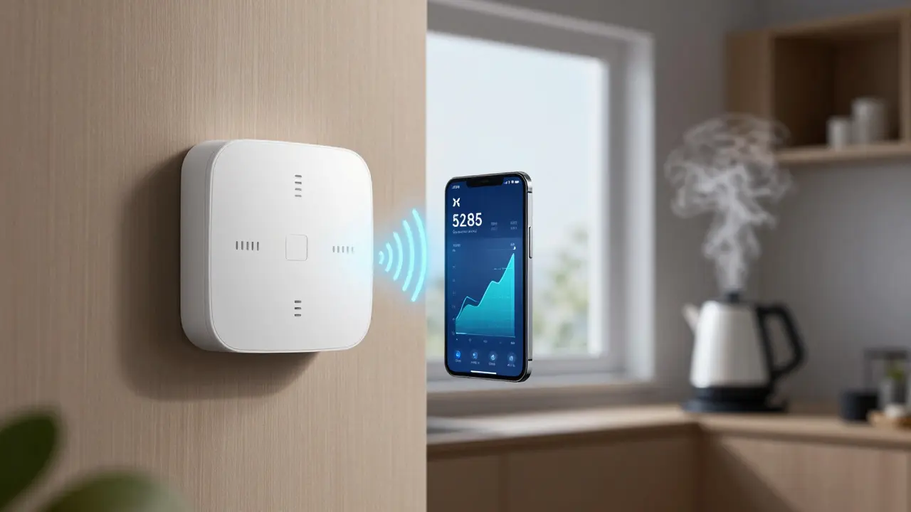 Ein intelligenter Luftfeuchtesensor sendet Daten an ein Smartphone, während ein Fenster geöffnet ist und Dampf aus einer Kanne aufsteigt.