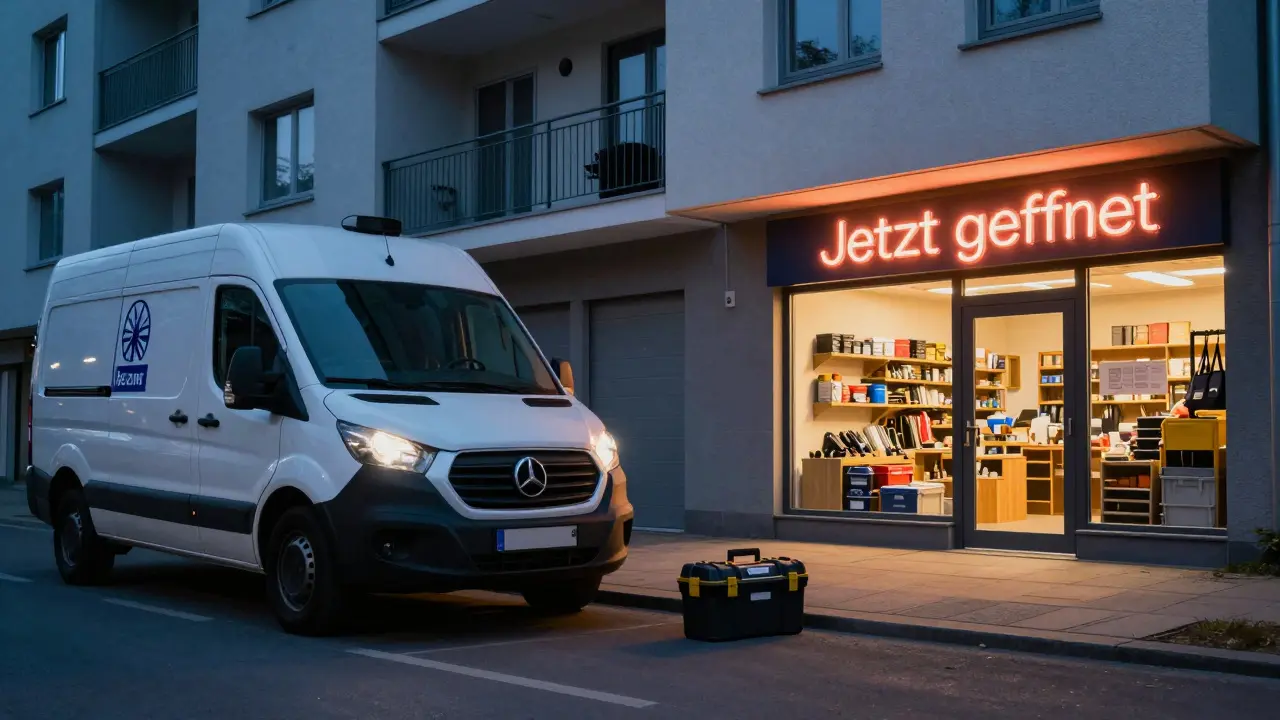 Ein Lieferwagen vor einem Haus und ein lokaler Baumarkt bei Dämmerung – die Wahl zwischen Online und Lokal.