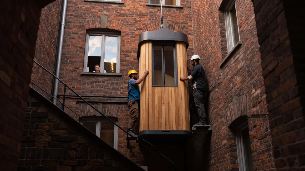 Ein moderner Außenaufzug wird an der Fassade eines historischen deutschen Wohnhauses installiert.