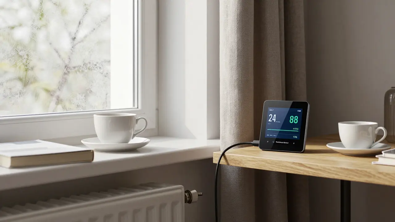 Ein tado° Smart-Thermostat mit Touchdisplay an einer Heizung, USB-C-Kabel zum Aufladen, sonniger Wintertag durch das Fenster.