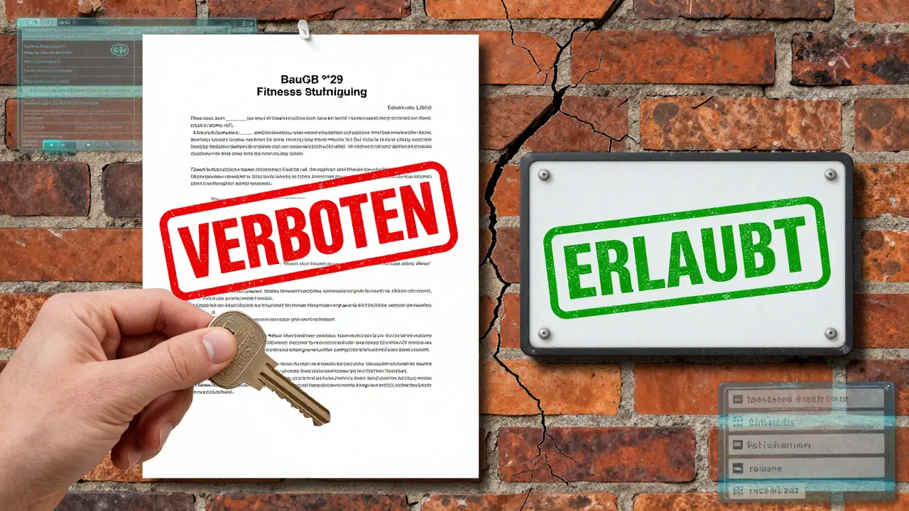 Eine Hand hält einen Schlüssel neben einem legalen Dokument mit Bauvorschriften, während rote und grüne Genehmigungs-Status-Symbole sichtbar sind.