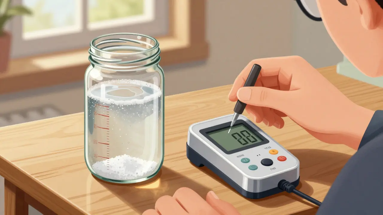Eine Person führt den Salztest durch, um ein Hygrometer zu kalibrieren — ein verschlossenes Glas mit feuchtem Salz und einem Messgerät daneben.