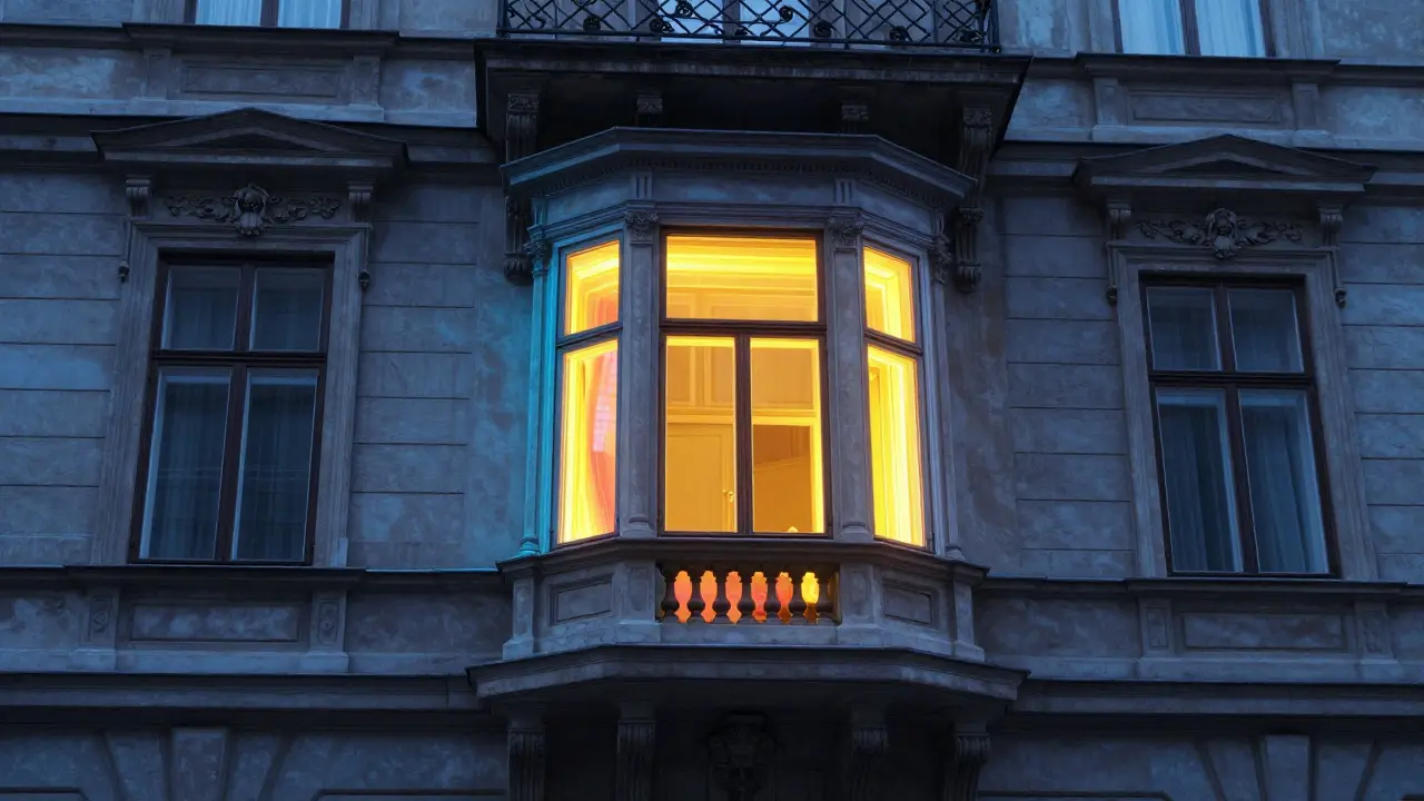 Fassade eines Altbauhauses mit thermischer Darstellung: Wärme bleibt im Kastenfenster, Kälte bleibt draußen.