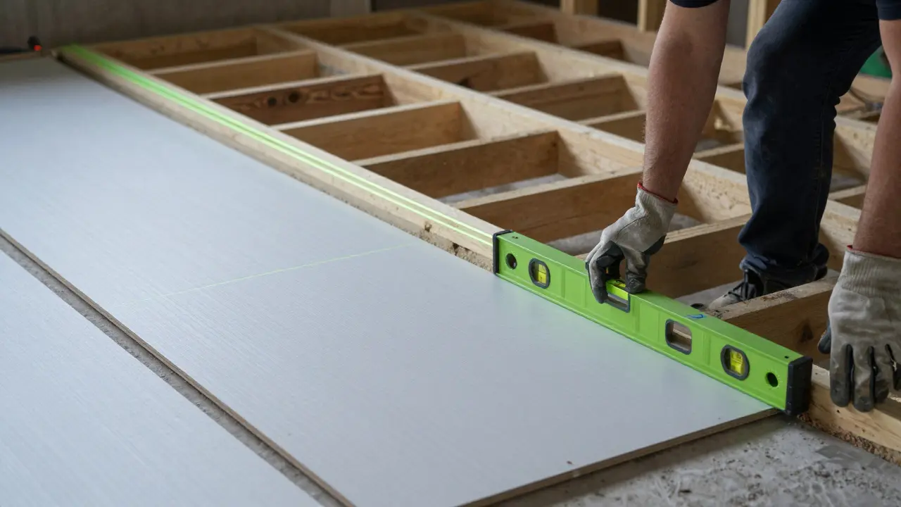 Grüner Laserstrahl zum Nivellieren der Balkenstruktur für Dämmung