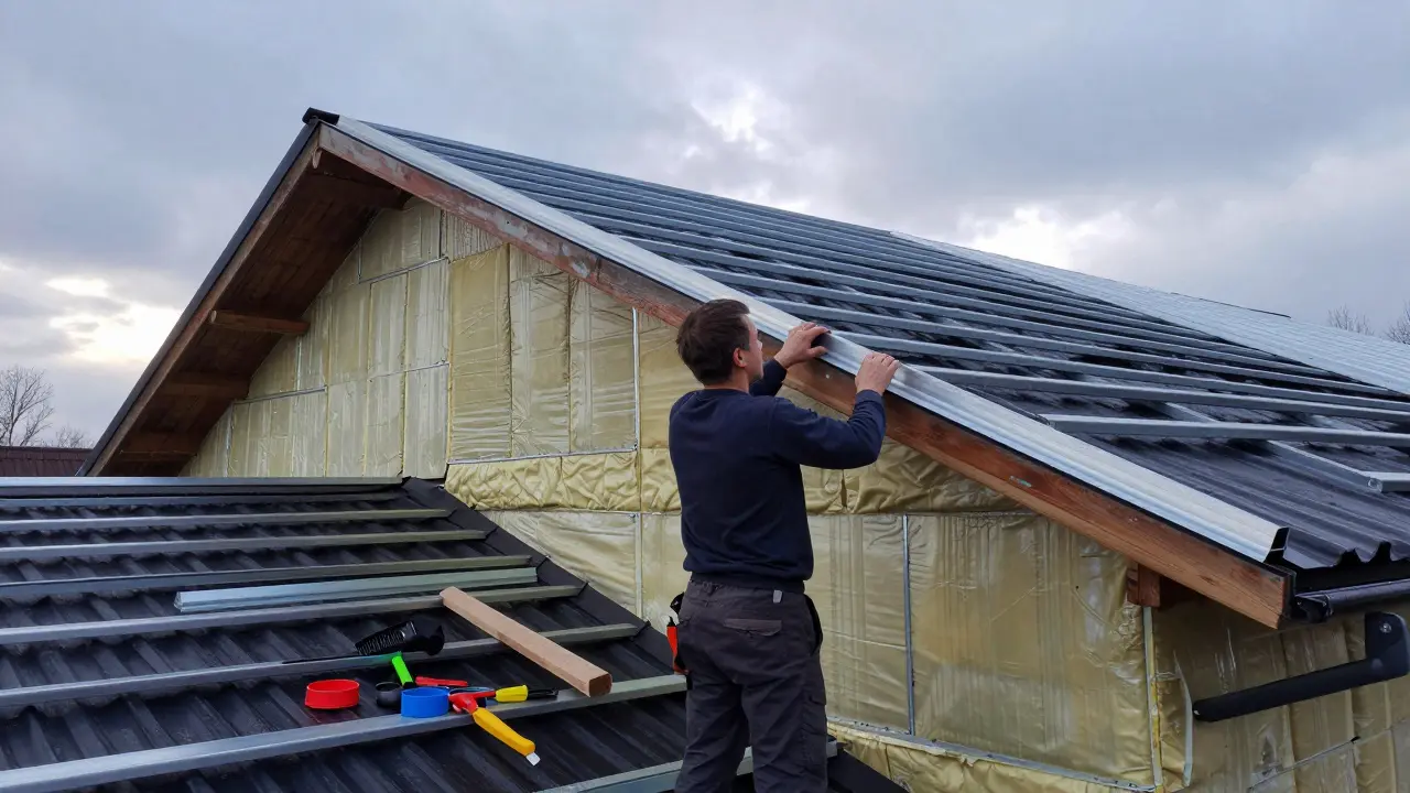 Handwerker installiert Stahl-U-Profile zur Verlängerung des Dachüberstands, um Dämmung zu ermöglichen.
