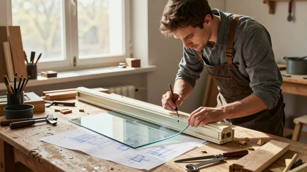 Handwerker repariert ein altes Kastenfenster in der Werkstatt, setzt Vakuumglas in den Holzrahmen ein.