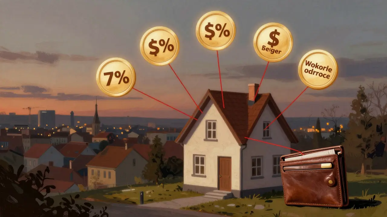 Haus mit schwebenden Kostenposten wie Steuern und Maklerprovision, die den Geldbeutel des Käufers leeren, in realistischer Illustration.