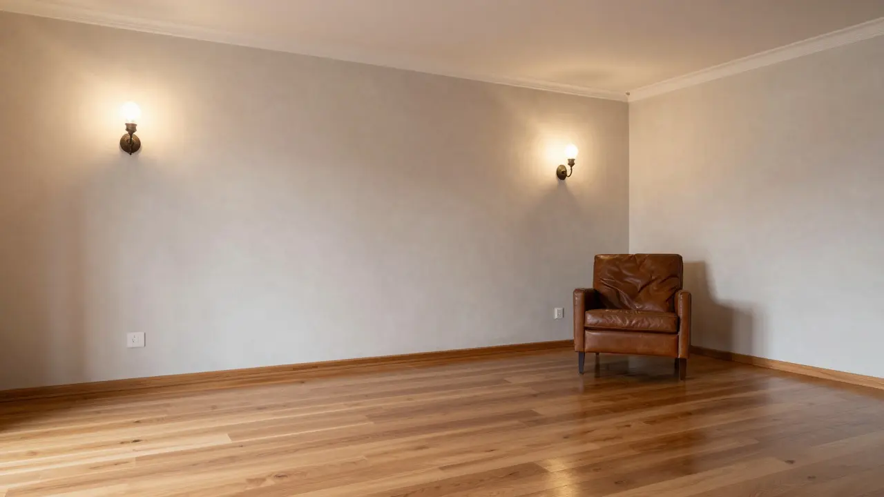 Hell erleuchteter Raum mit neu verlegtem Parkettboden und alten Wänden