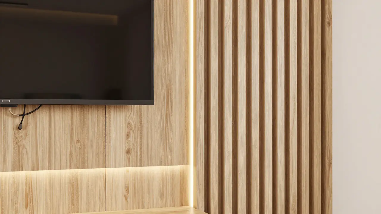 Holzpaneelwand mit integrierter LED-Hintergrundbeleuchtung hinter Bildschirm