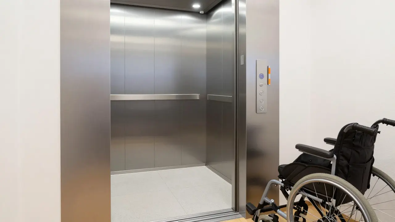 Innenansicht eines barrierefreien Aufzugs mit Platz für Rollstuhl und Kinderwagen und klaren Bedienelementen.