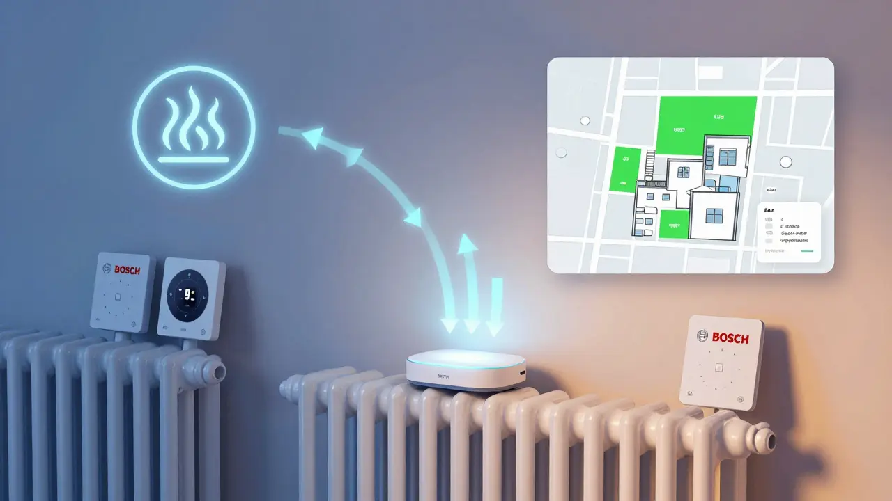 Konzeptbild eines vernetzten Smart-Home-Systems mit mehreren Thermostaten und Energiefluss-Pfeilen in deutscher Wohnung.