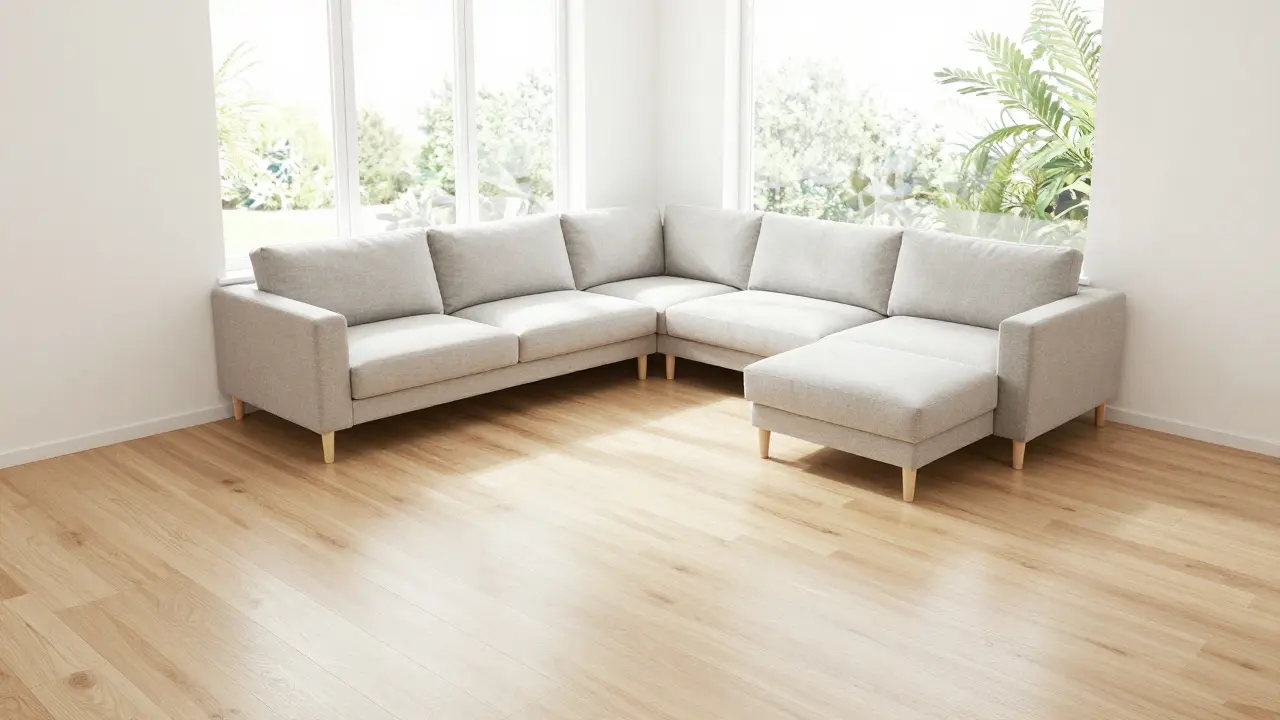 L-förmige Anordnung von Möbeln in einem hellen Wohnraum zur Platzoptimierung.