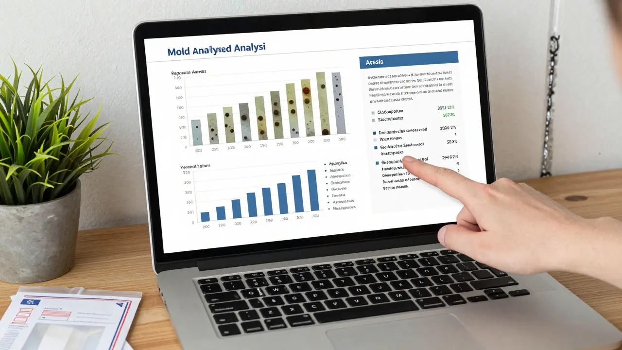Laborbericht auf einem Laptop zeigt Schimmelpilzarten und Gesundheitsbewertung an.