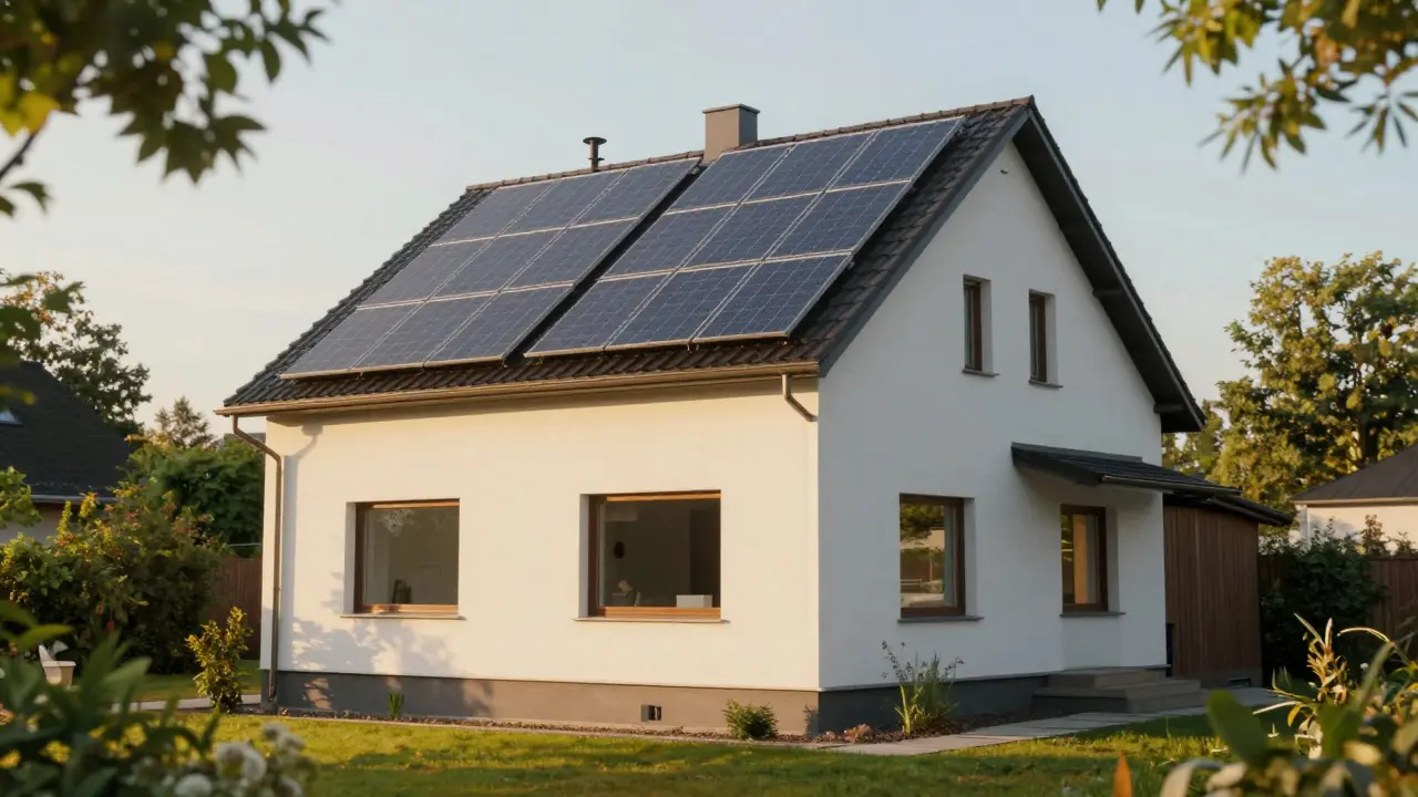 Modernes energieeffizientes Haus mit Solaranlagen bei Sonnenuntergang