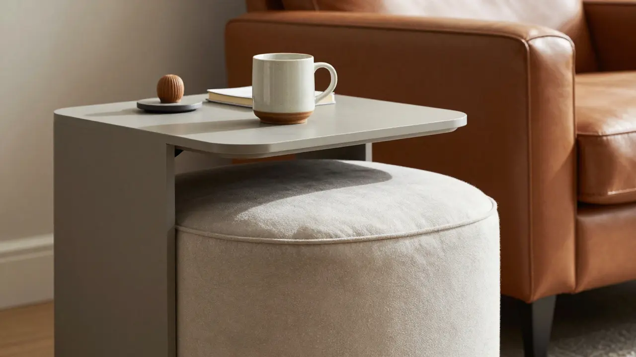 Multifunktionaler Hocker als Beistelltisch neben einem bequemen Sessel.