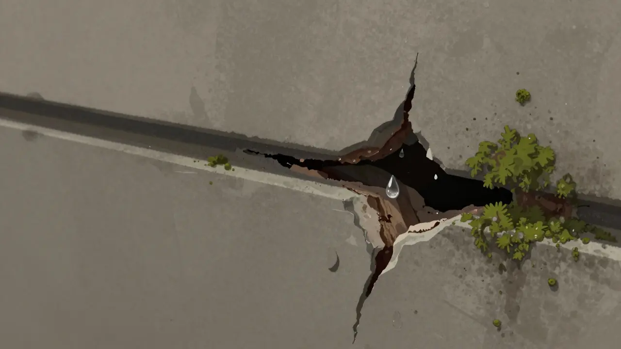 Nahansicht einer feuchten Fassadenstelle mit wachsendem Riss und Moosbefall.