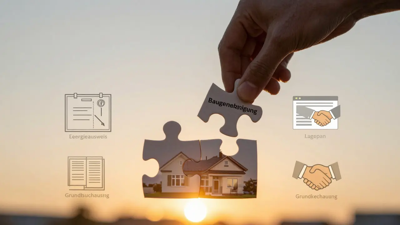 Puzzle mit Baugenehmigungs-Teilen wird vollständig, Symbol für schnellen Baubeginn mit digitaler Zusammenarbeit.