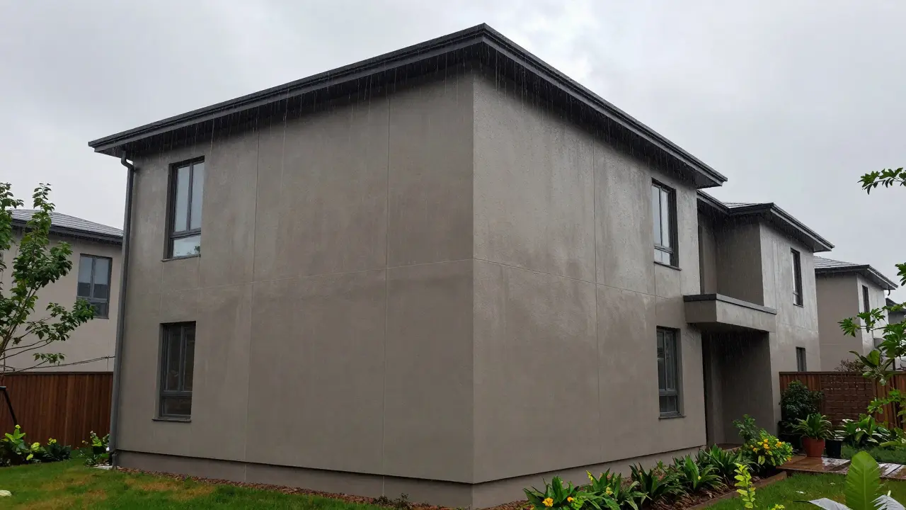 Regenwasser läuft an sauberer Fassade ohne Schäden herunter