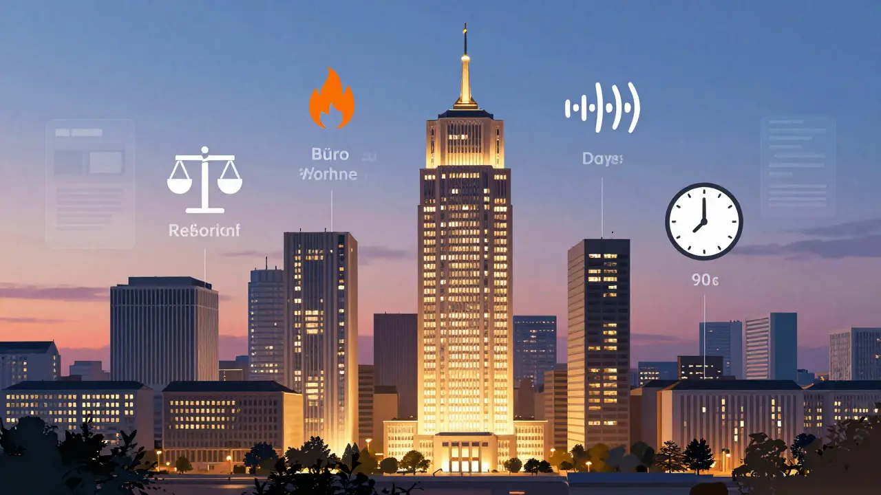 Stadtansicht mit einem Gebäude, das von Büro zu Wohnen umgewandelt wird, umgeben von Symbolen für Rechtsvorschriften und digitale Anträge.