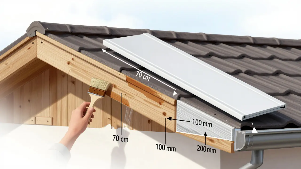 Technische Schnittansicht zweier Traufensanierungsmethoden: Streichen vs. PVC-Verkleidung mit korrekter Überdeckung.