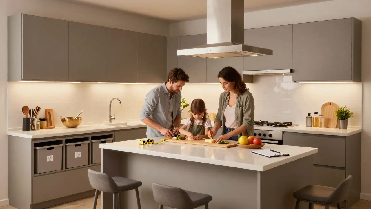 U-förmige Küche mit integriertem Müllschrank, Insel und Herdhaube, Familie bereitet Essen vor.