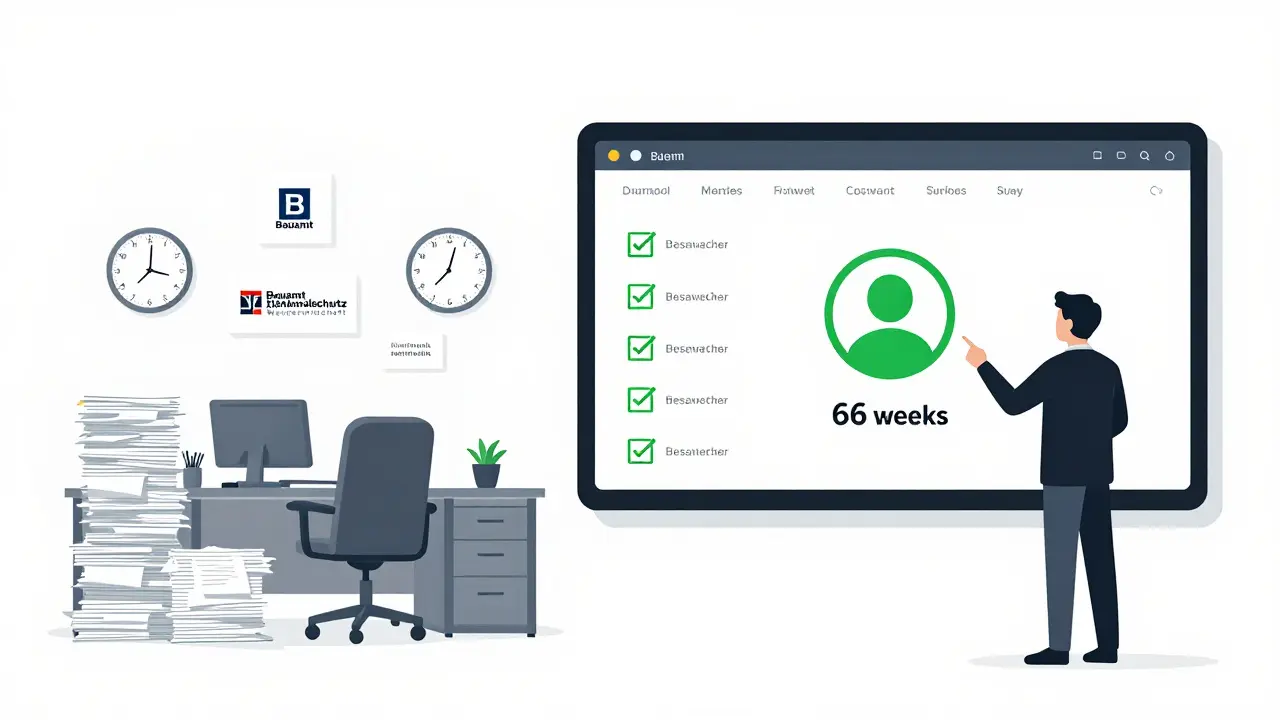 Vergleich: Chaos mit Papierstapeln vs. digitales Dashboard mit 6-Wochen-Timer für Baugenehmigung.