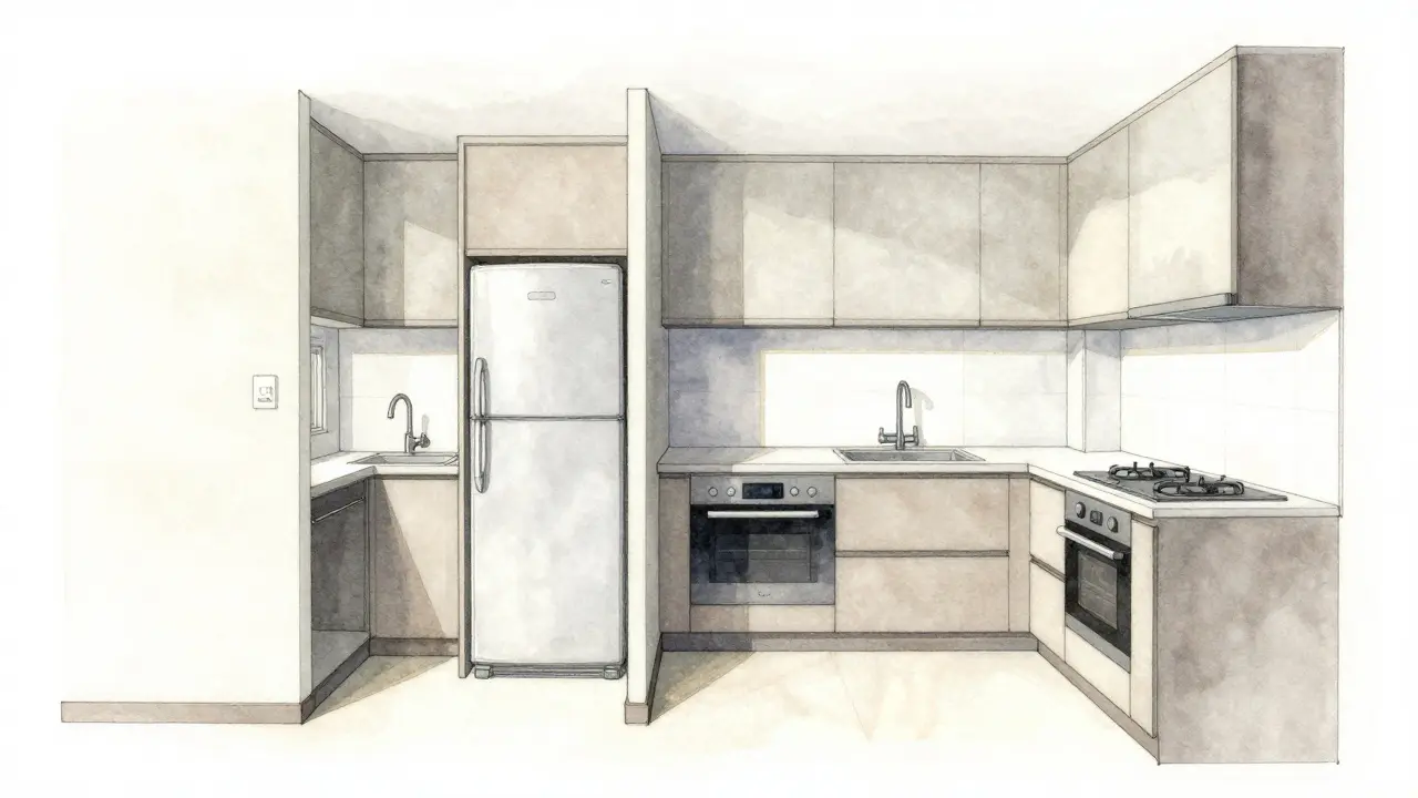 Vergleich: schmale Küchenzeile neben geräumiger L-Küche, betont Platznutzung und Funktionalität.