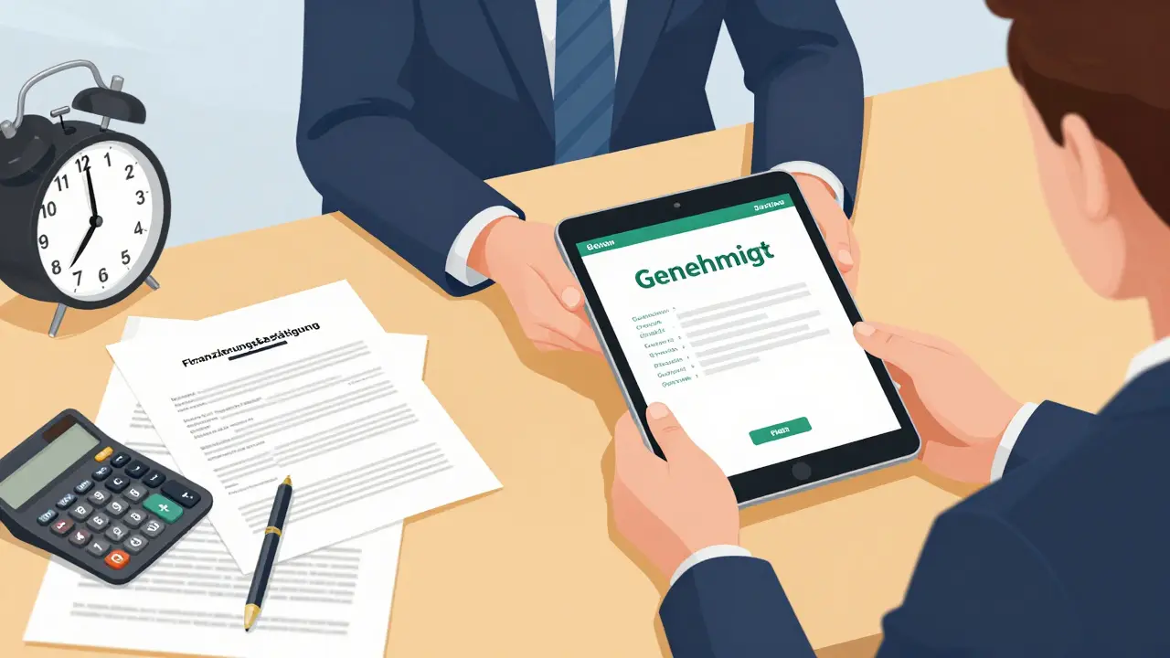 Vergleich: Stressige Dokumentenwüste links, klare Finanzfreigabe rechts – digitale Illustration.