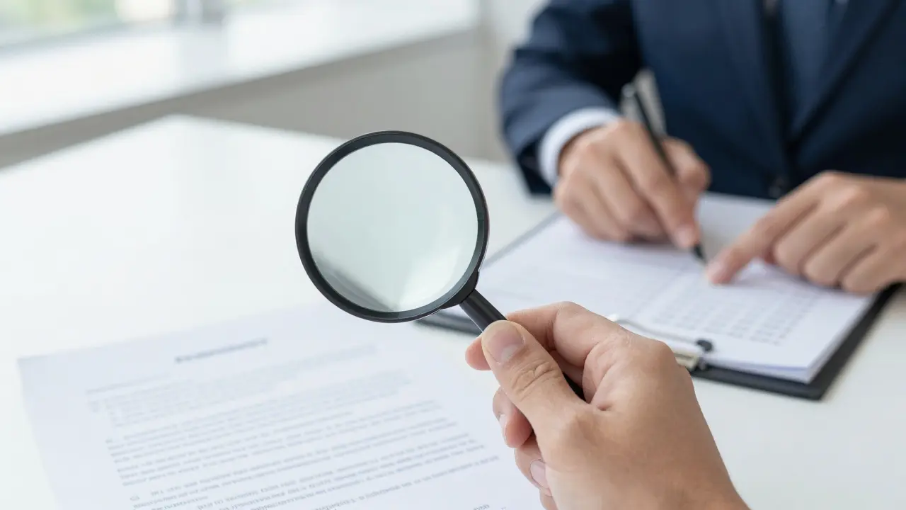 Vergrößerungsglas enthüllt verborgene Kosten im Kaufvertrag, während ein Anwalt eine Checkliste prüft, moderner Bürohintergrund.