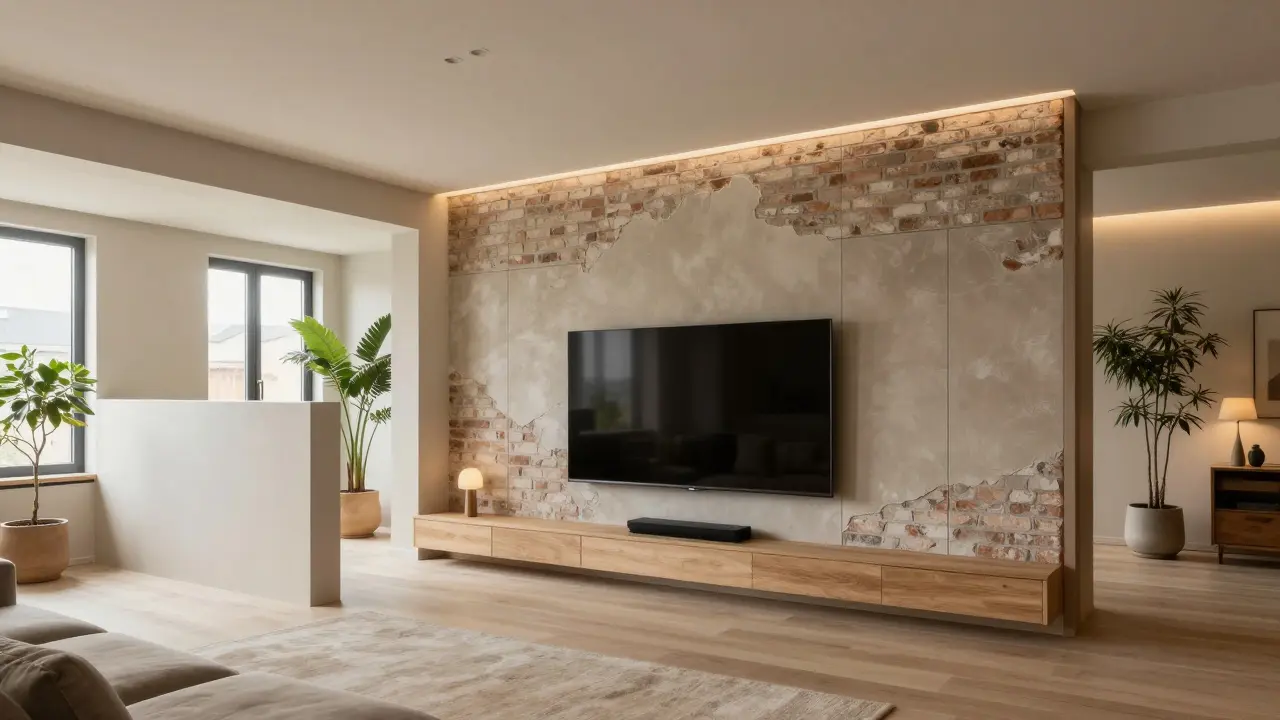 Vollständige Wandgestaltung mit gemischten Materialien im großen Wohnraum