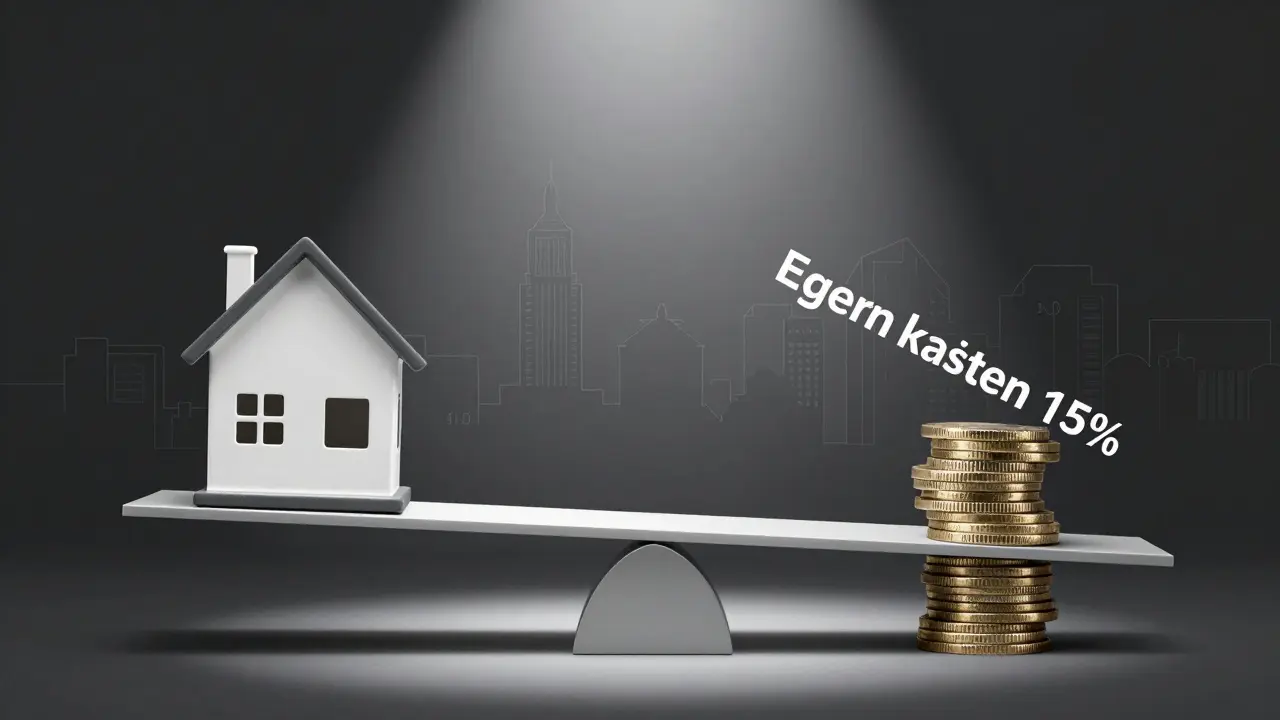 Waage mit Haus und Geldstapel, die Eigenkapital- und Nebenkosten-Belastung darstellt.