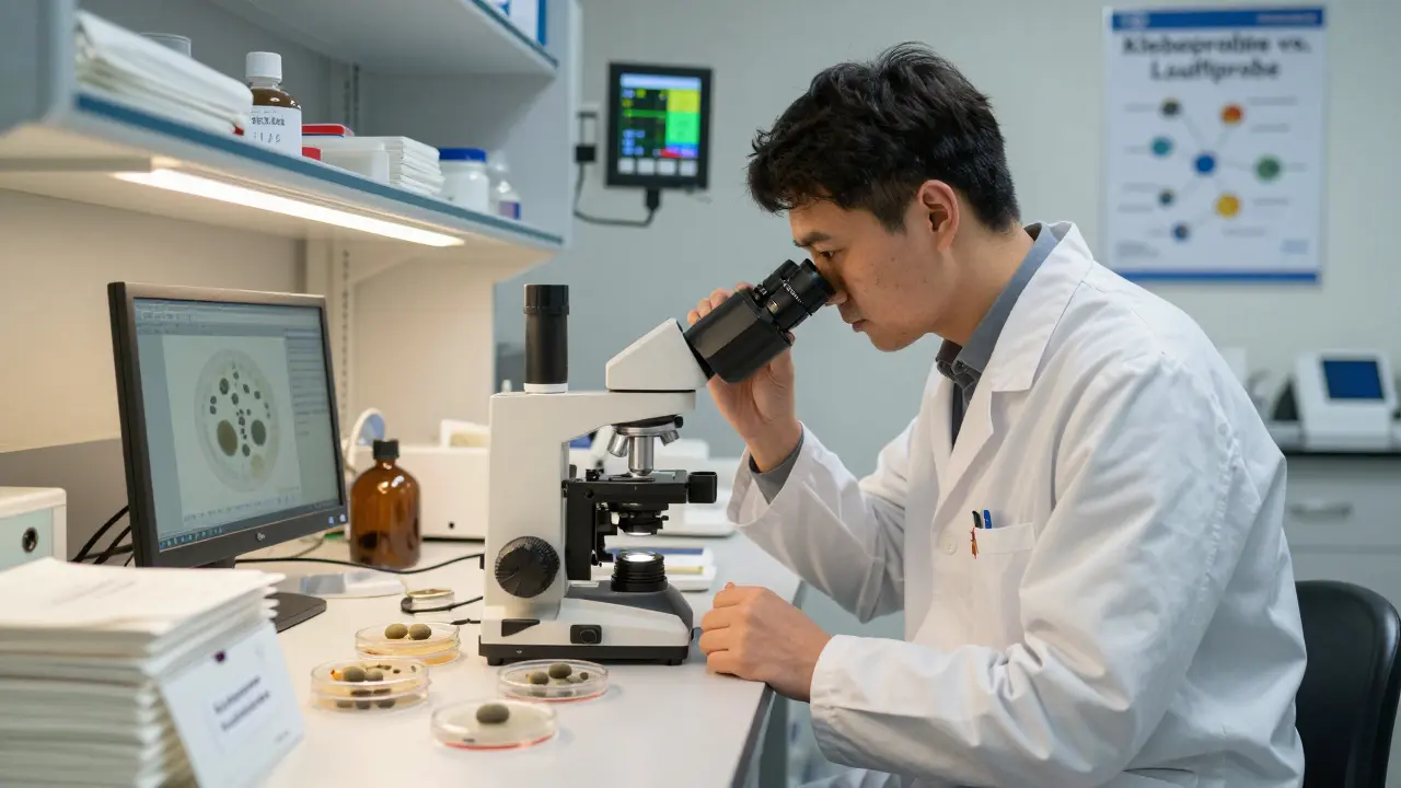 Wissenschaftler untersucht Schimmelsporen unter dem Mikroskop in einem Labor.