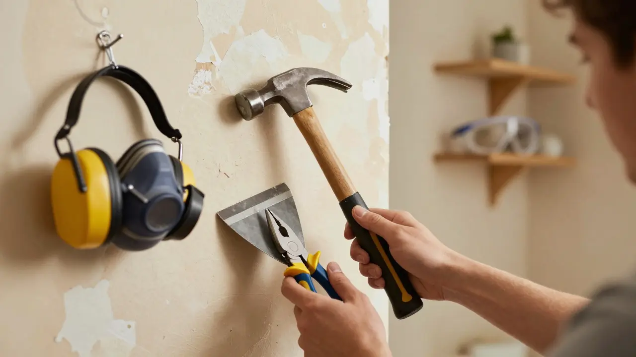 Zimmermannshammer, Abziehwerkzeug und Schutzausrüstung an einer abblätternden Tapetenwand.
