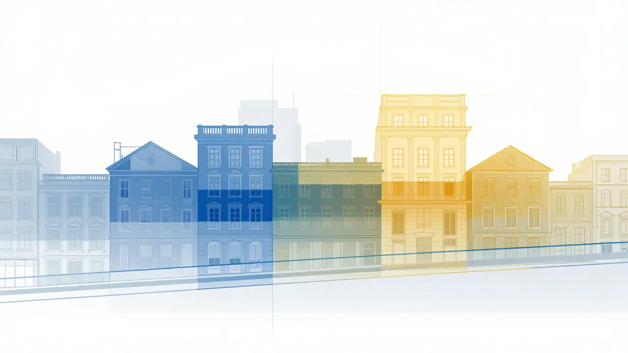 Abstrakte Stadtplanungskarte mit farbigen Zonierungslinien uber Hauern