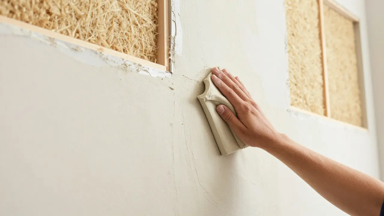 Auftragen von diffusionsoffenem Lehmputz auf einer sanierten Altbauwand.