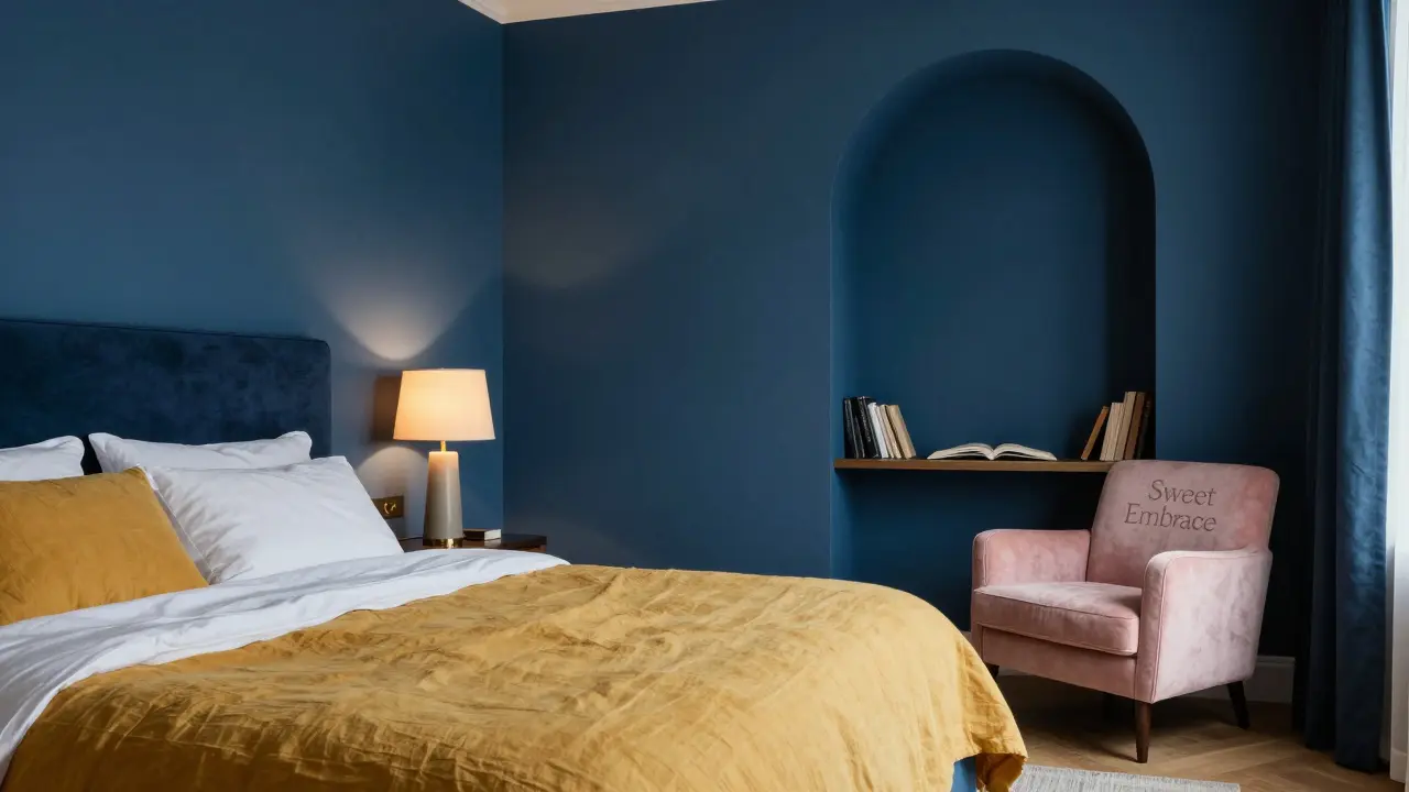 Beruhigendes Schlafzimmer in Blue Nova mit honiggoldenen Akzenten und Leseecke.