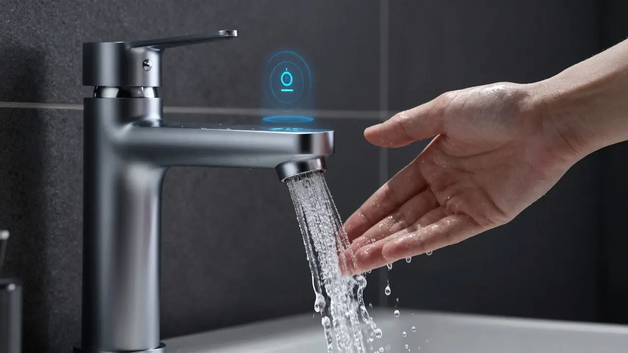 Berührungslose Smart-Armatur mit Wasserstrahl und angedeuteter digitaler Steuerung