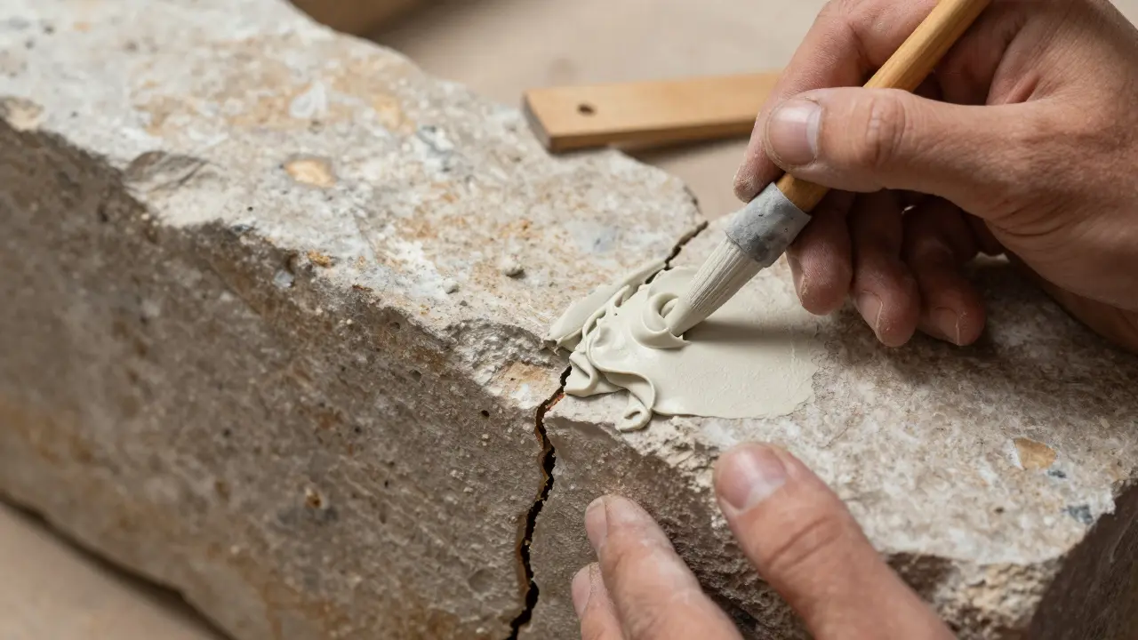 Detailansicht einer fachgerechten Mörtelausbesserung an einer Natursteinfassade.