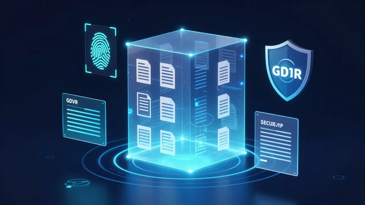 Digitale Illustration eines sicheren Datenraums mit Verschlüsselungs- und Schutzsymbolen.