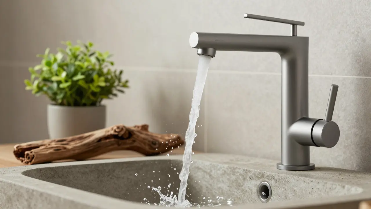 Eco-Armatur mit luftdurchsetztem Wasserstrahl neben einer grünen Pflanze auf Betonbecken