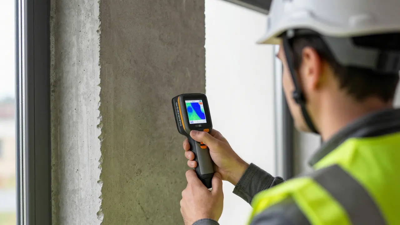 Ein Experte prüft mit einer Thermalkamera die Bausubstanz eines älteren Gebäudes auf Feuchtigkeit.