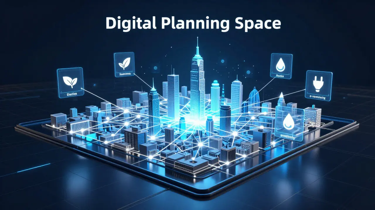 Ein futuristisches Hologramm einer Stadtplanung mit digitalen Verknüpfungen zu Behörden.