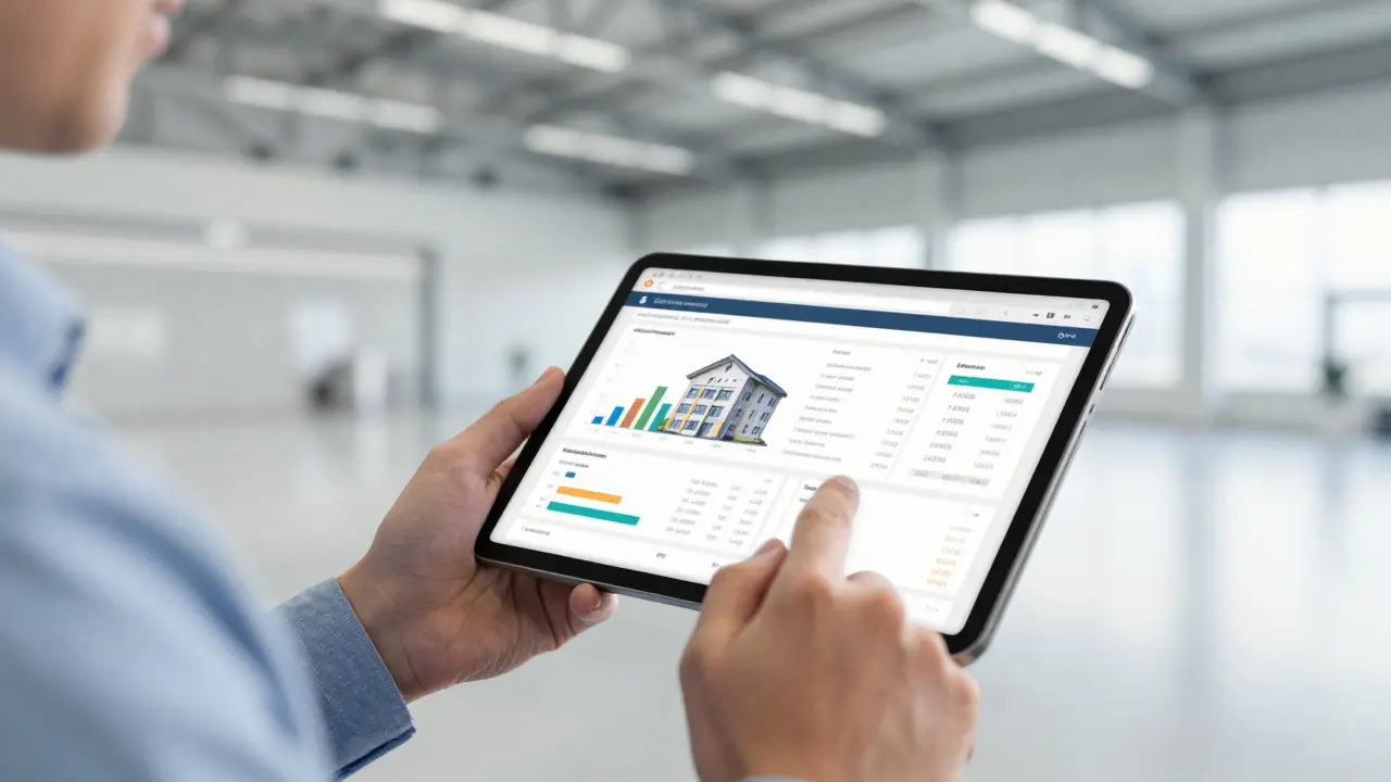 Ein Gutachter prüft den Wert einer Gewerbeimmobilie mit einem digitalen Tablet.