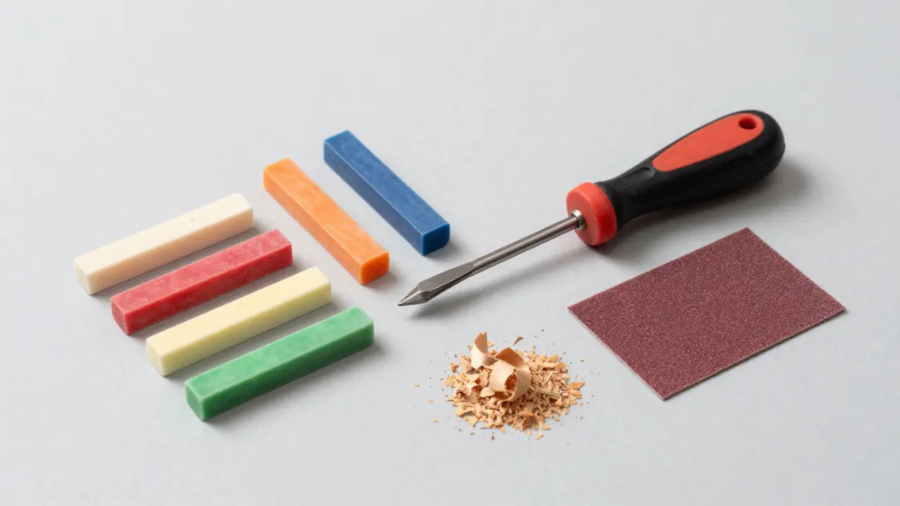 Ein Parkett-Reparaturset mit Wachsstäbchen, Schmelzgerät und Schleifpapier.