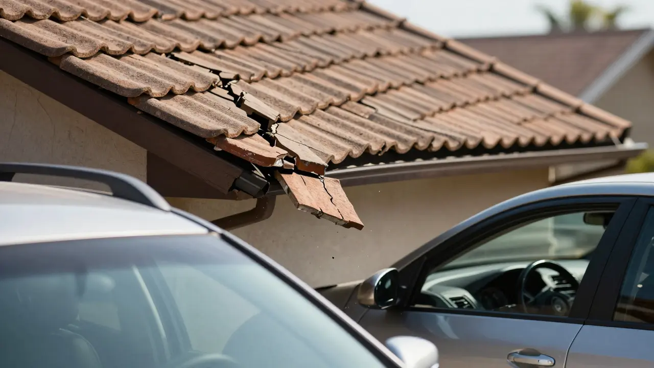 Eine Dachziegel fällt von einem Hausdach auf ein geparktes Auto.