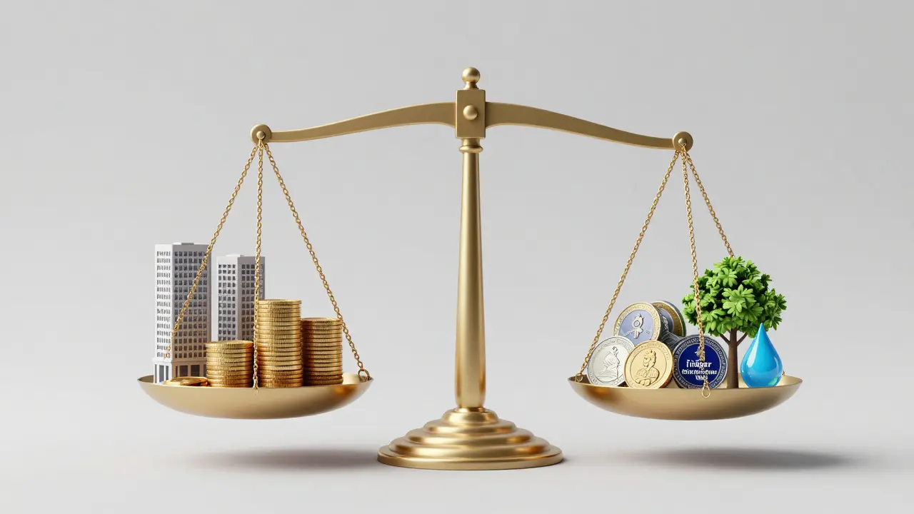 Eine Waage, die private Bauinteressen gegen öffentliche Belange wie Naturschutz abwägt.