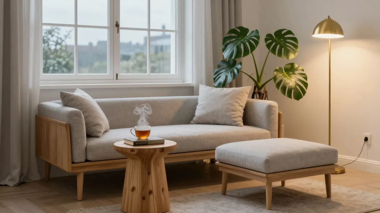 Einladender Rückzugsort mit Récamière, Beistelltisch, Teetasse und einer Monstera-Pflanze.